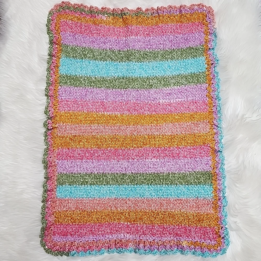 Handmade Super Soft Colorful Striped Crocheted Newborn Baby Blanket w Ruffle New